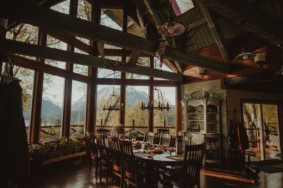 a dining room table in a remote Alaskan lodge
