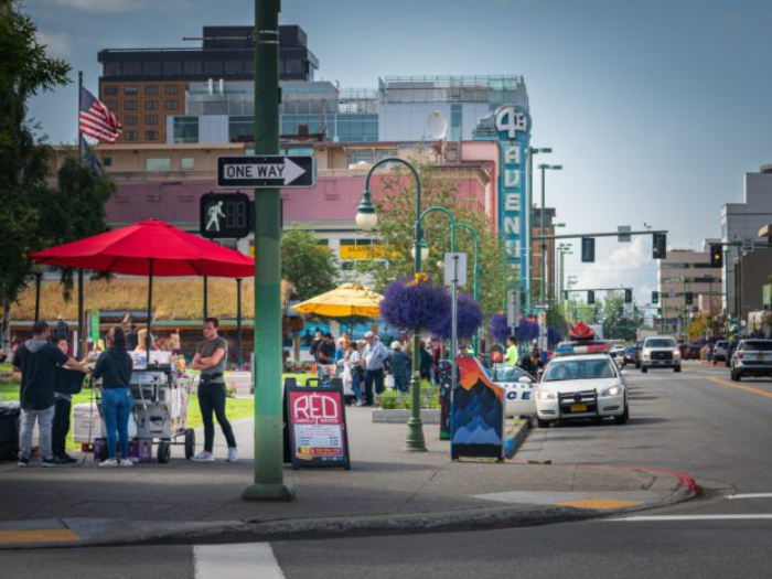 View of outdoor food vendors in downtown Anchorage